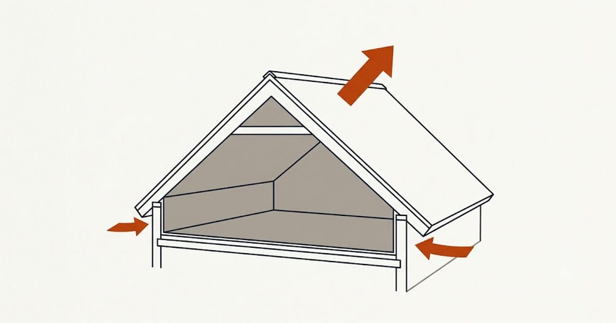 Air entering at the soffit and leaving at the ridge in a balanced attic