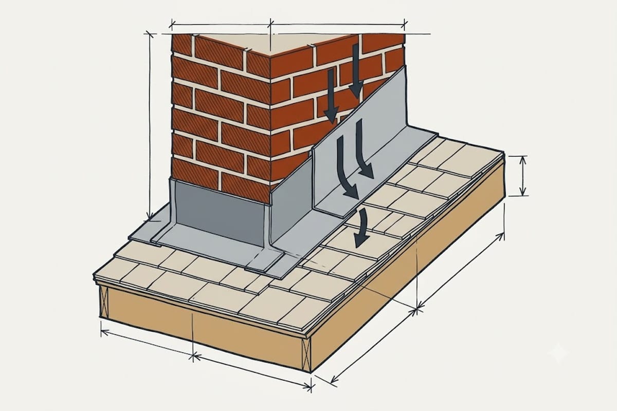 Chimney flashing in cross-section, with one metal layer under the shingles and another set into the brick