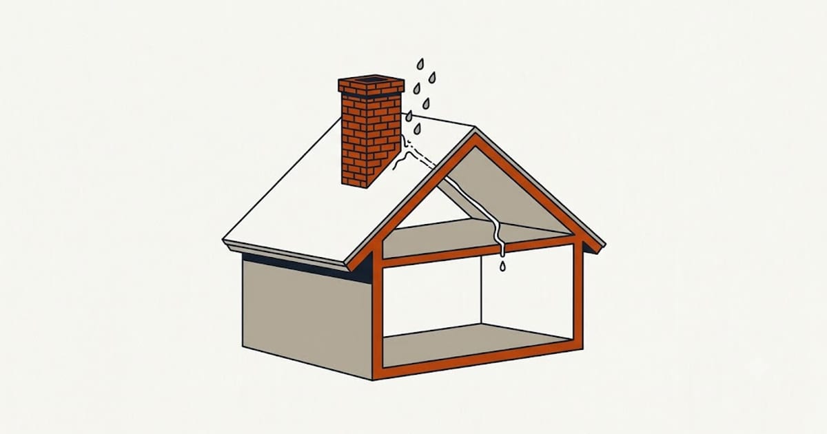 Water entering a roof near a chimney and dripping inside the house