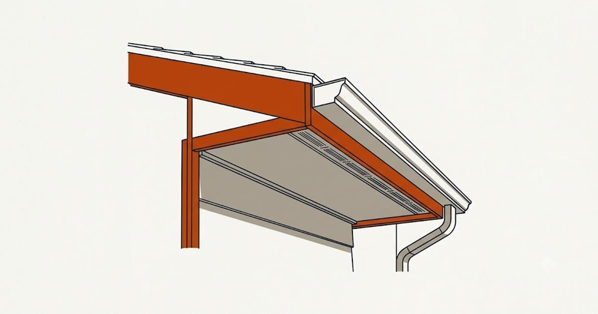 The roof edge of a house showing the fascia board and the soffit underneath
