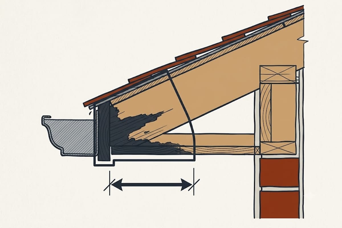 Where fascia and soffit rot starts, behind the gutter at the roof edge