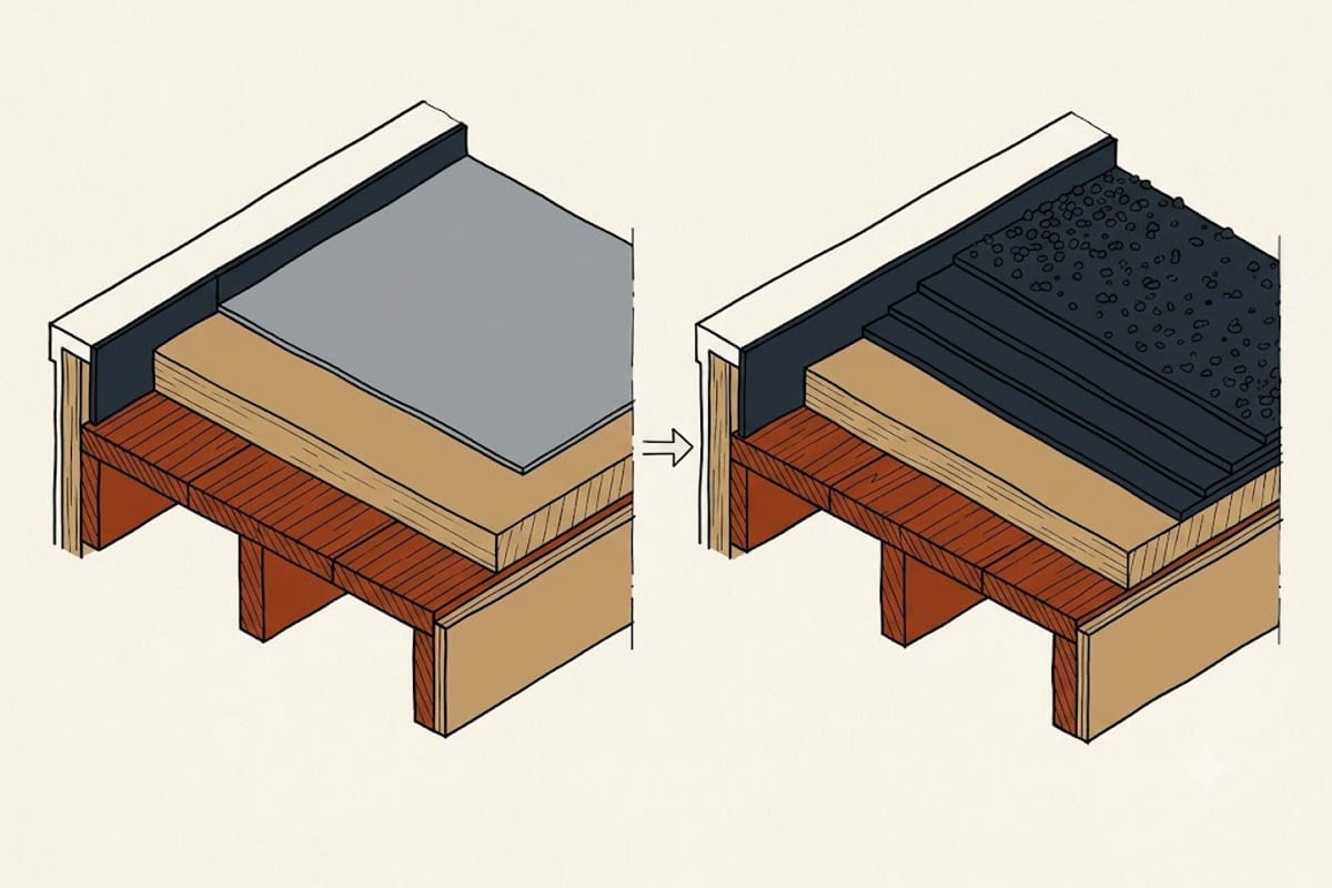 A single-ply membrane roof and a multi-layer built-up roof in cross-section