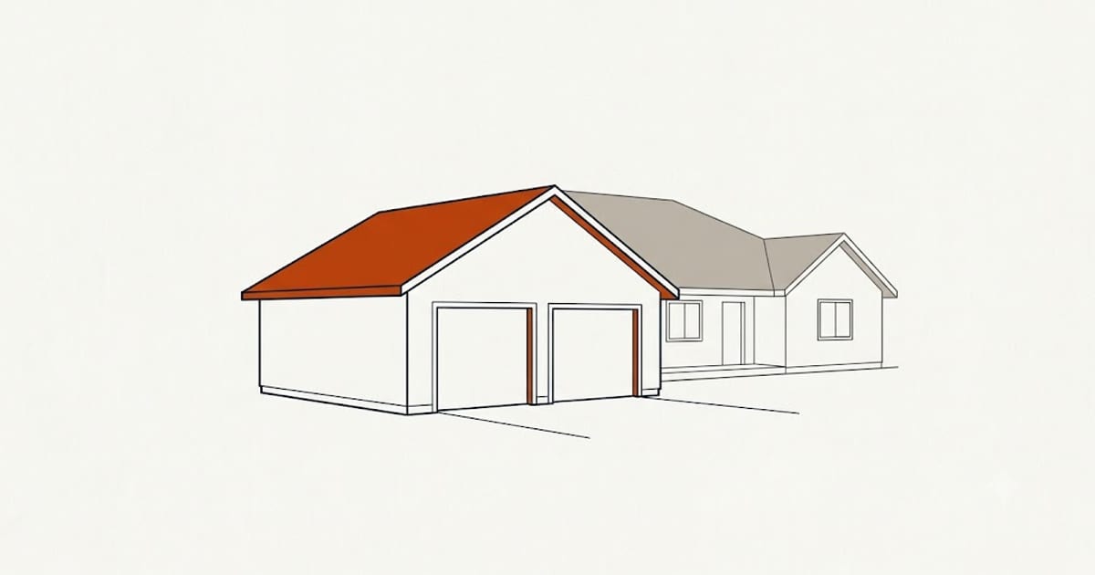 A detached two-car garage with a gable roof beside a house