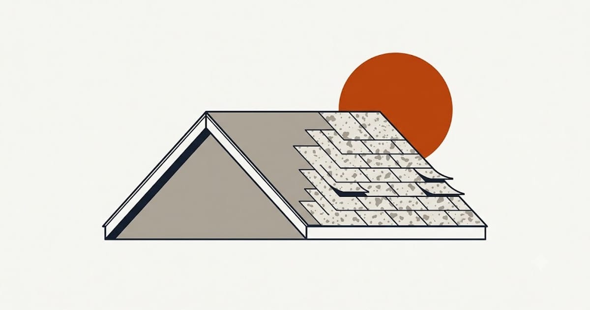 The same shingle aging at different rates on two slopes of one roof