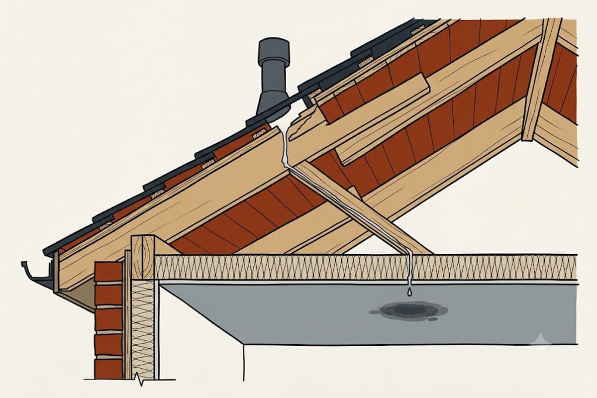 Water entering at the roof travels along the rafter before dripping onto the ceiling