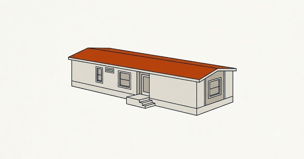 A single-story manufactured home with a low-slope roof