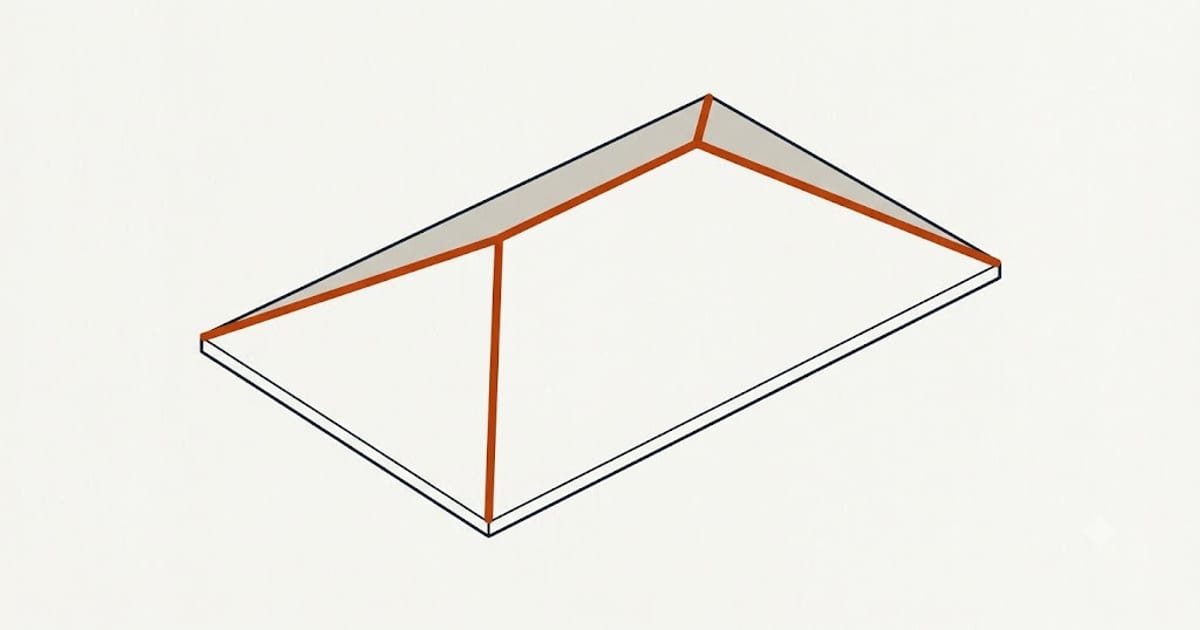Ridge and hip lines picked out on a simple hip roof