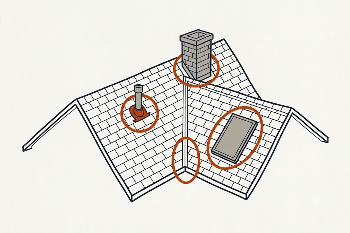 The places on a roof where most leaks start