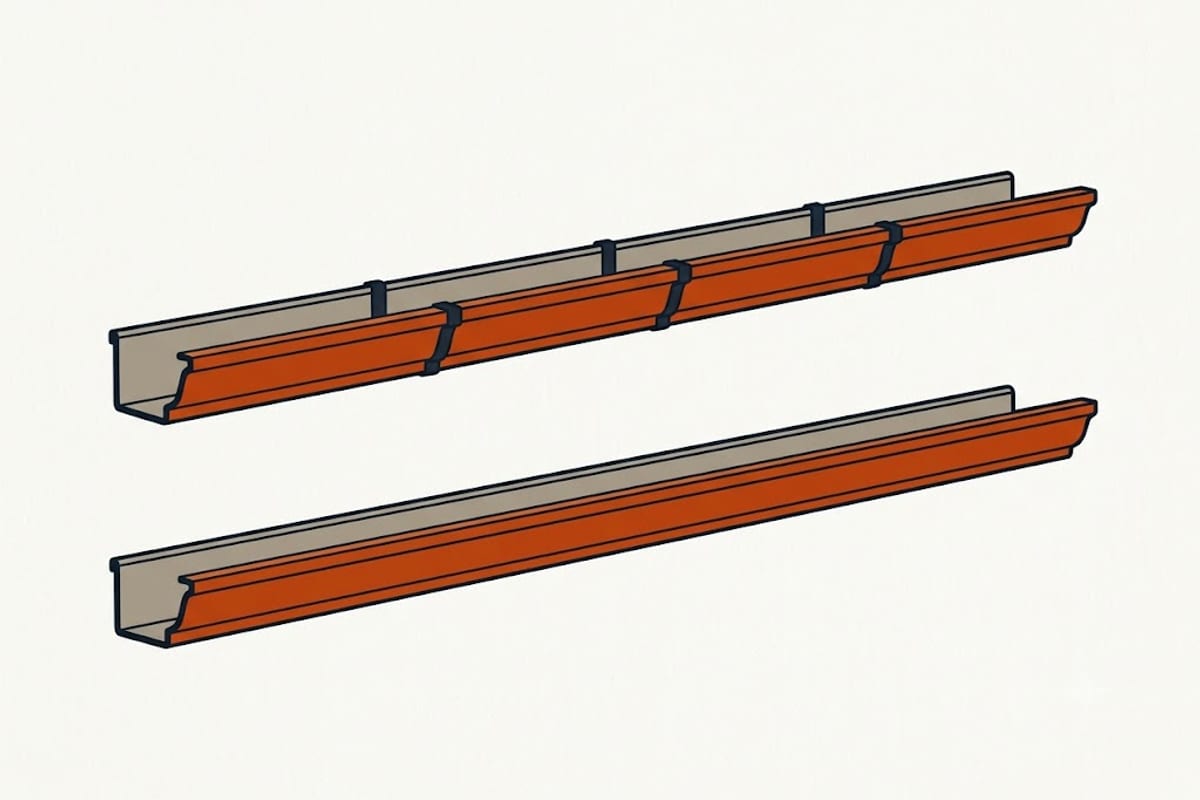 A sectional gutter with joints next to a seamless gutter made in one piece