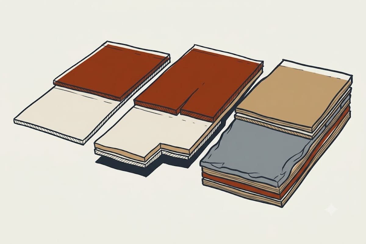 Three-tab, architectural and designer shingles seen in cross-section