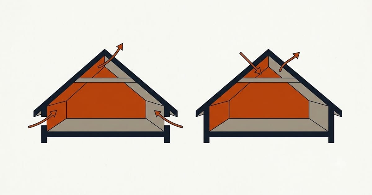A balanced attic against an exhaust-heavy one drawing air back down the ridge