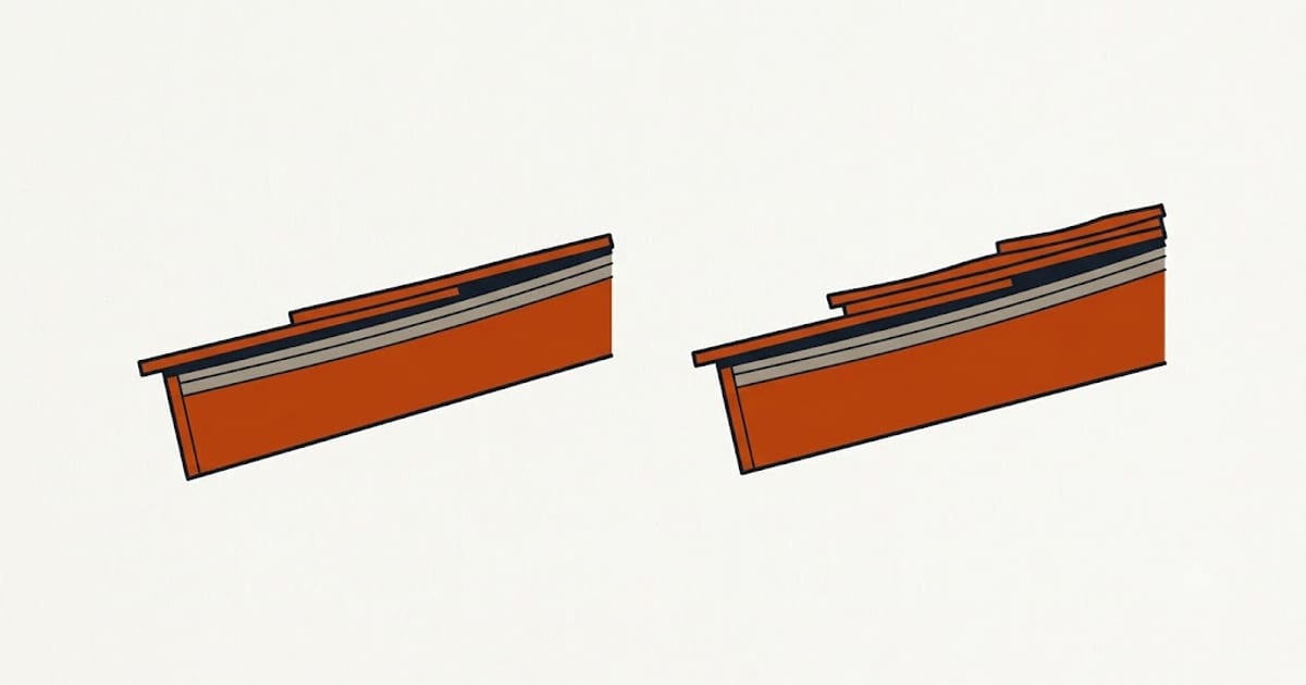 A roof section shown with one layer and with two layers over the same deck