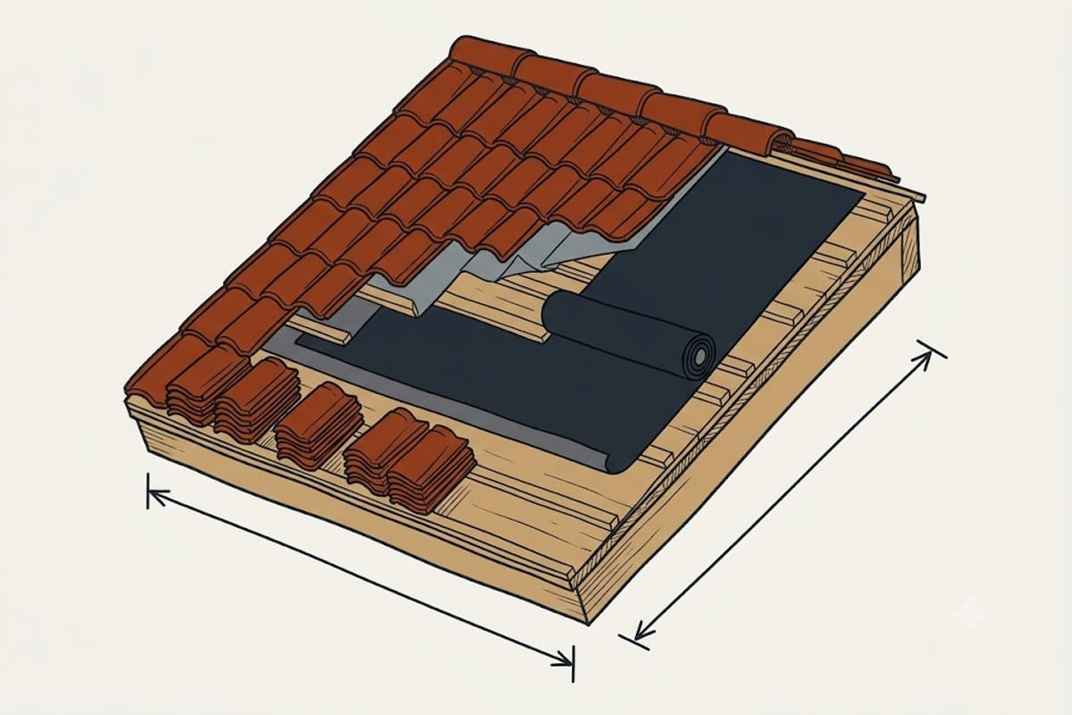 Tiles set aside on the roof while the underlayment beneath them is replaced