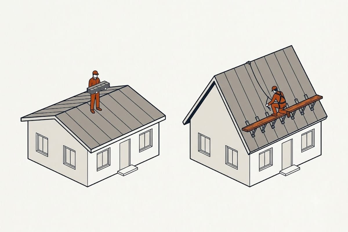 A walkable low-pitch roof beside a steep roof that needs roof jacks and planks